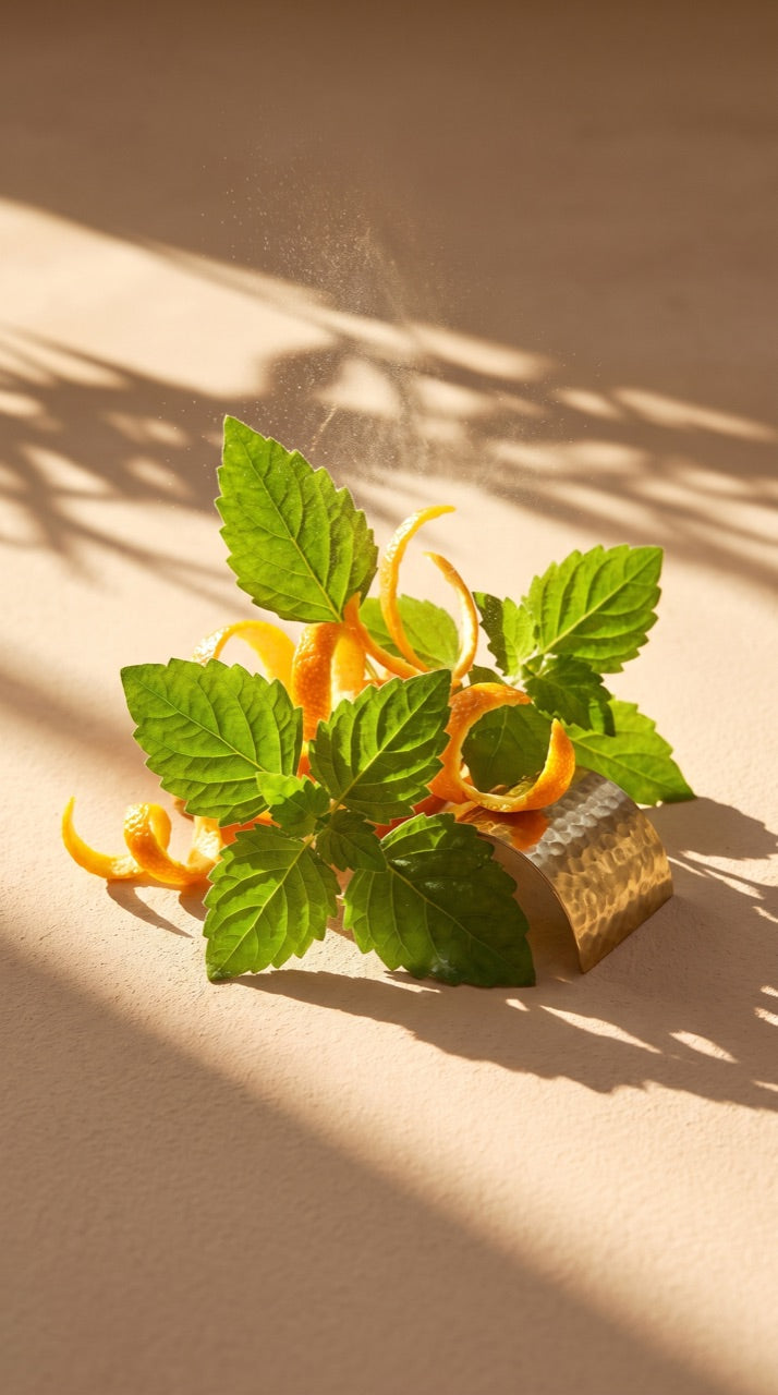 Green patchouli leaves and curls of mandarin zest on brass, backlit golden