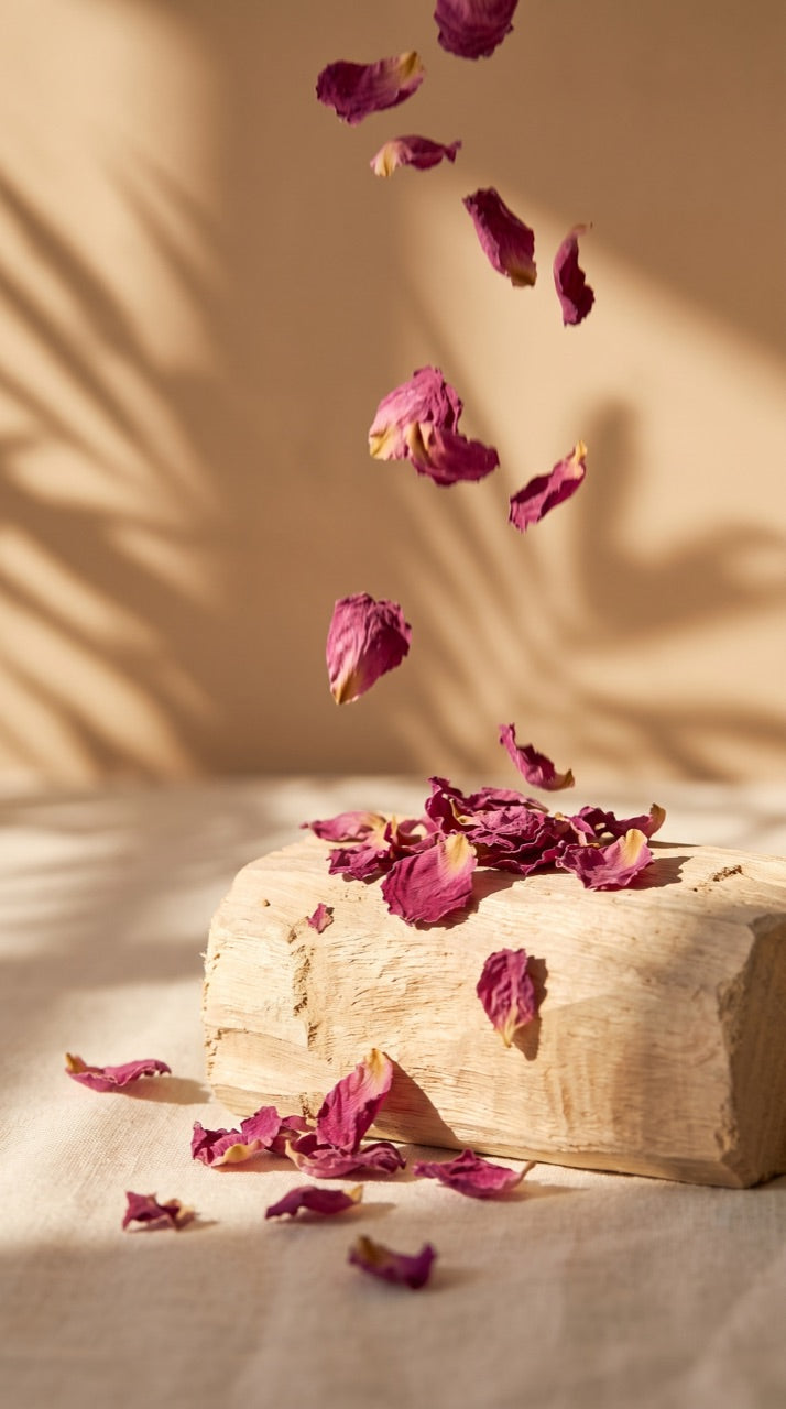 Damask rose petals falling onto a sandalwood block on cream linen, golden light