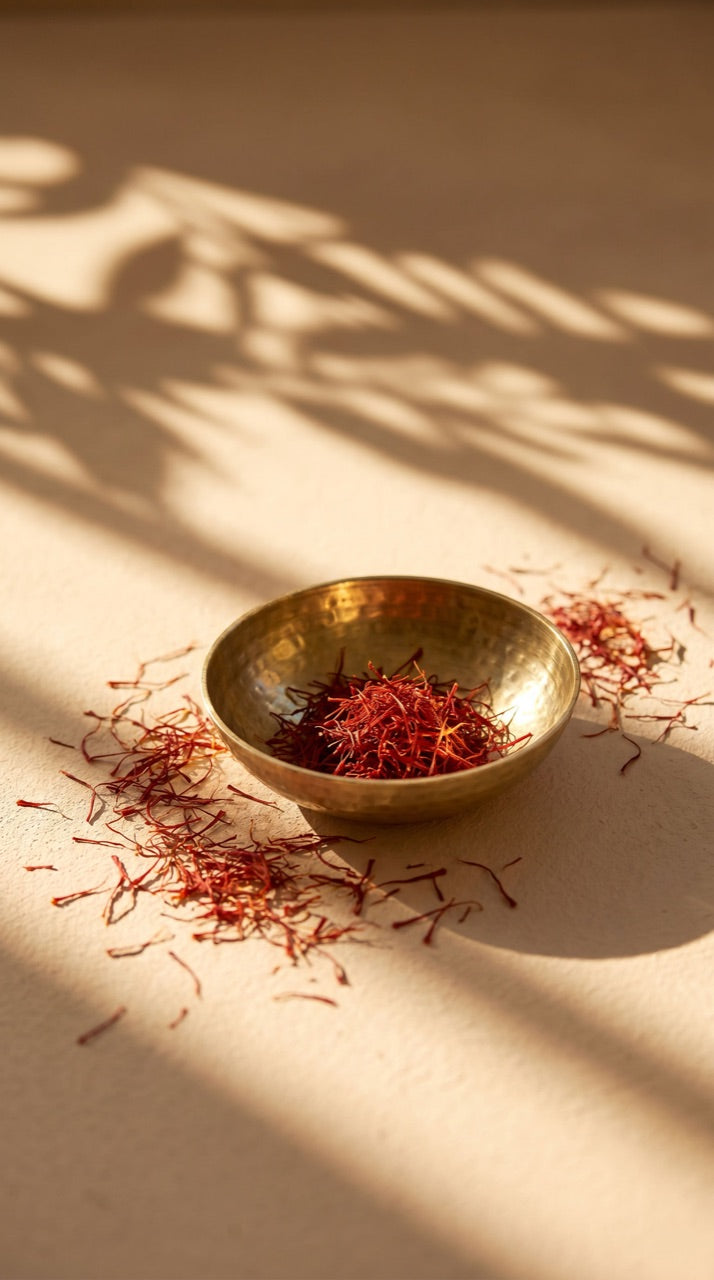 Crimson saffron threads in a brass bowl under hard golden light, palm-frond shadow drifting